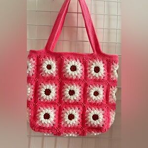 Hot Pink and White Crochet Tote Bag